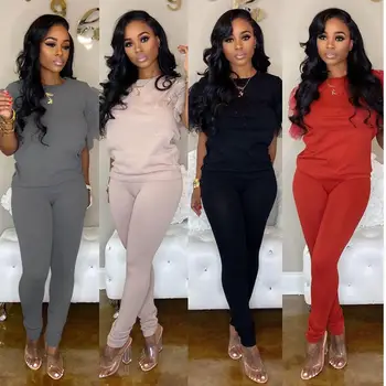 

Stylish Sports Style Ruffles Two Piece Outfits Women Solid Ruffed Short Sleeve Top+Pants Suit Sets Plus Size Casual Tracksuits