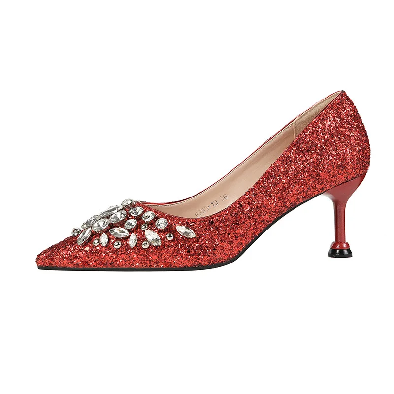 Qwedf свадебные туфли невесты Для женщин; с острым носом на высоком тонком каблуке со стразами стразы на супервысоком тонком каблуке женские свадебные туфли, вечерние, женские туфли-лодочки D5-100 - Цвет: Красный