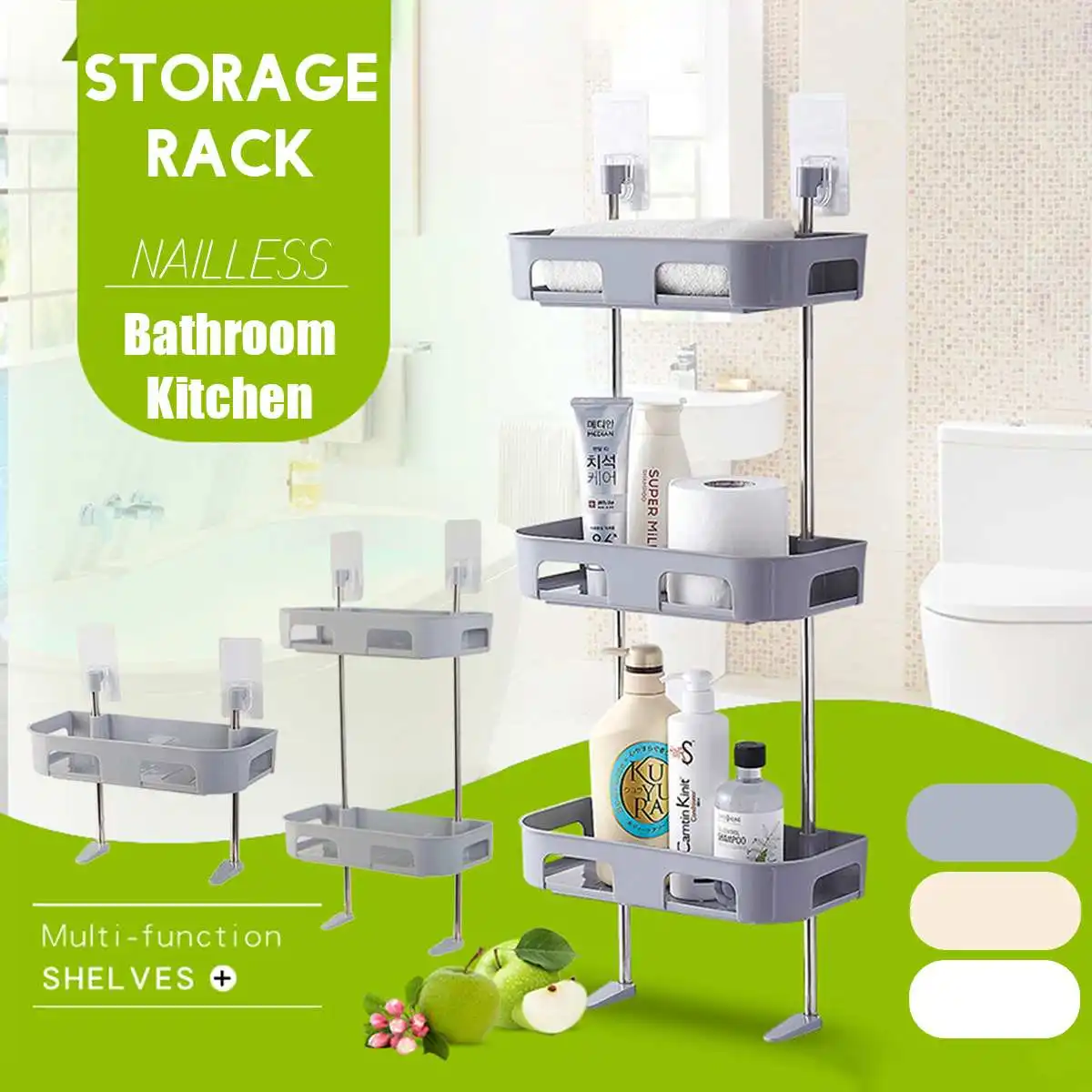 1/2/3 Layer Wall Mounted Bathroom Storage Rack Kitchen Storage Holder Assemble Plastic Bathroom Shelf Space Saving Organizer