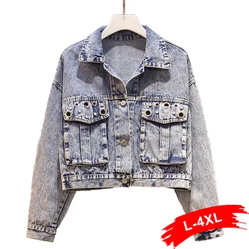 

Women Harajuku Big Pockets Plus Size Bomber Jeans Jackets 4XL Long Sleeve Streetwear Loose Casual Short Denim Coats Outwear
