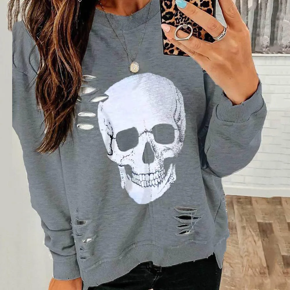 Halloween Skull Print Women Hoodie Sweatshirt Pullovers Ripped Hoodies Gothic Fall Long Sleeve Tops Casual Club Streetwear