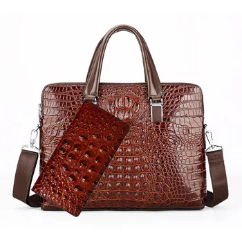 

Real leather crocodile pattern briefcase men's shoulder diagonal Messenger bag fashion computer designer luxury handbag hot sale