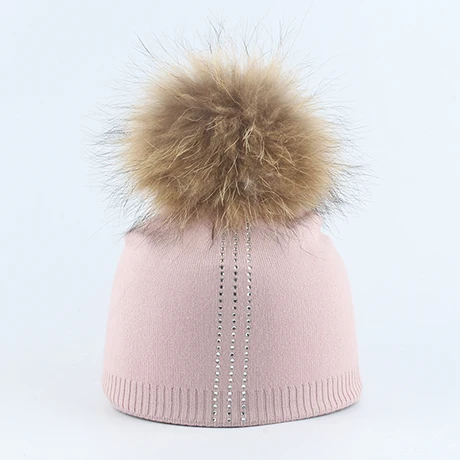 Милая зимняя теплая вязаная шапка для маленьких мальчиков и девочек, шерстяная Круглая Шапочка со стразами, шапка с помпоном из натурального меха - Цвет: Розовый