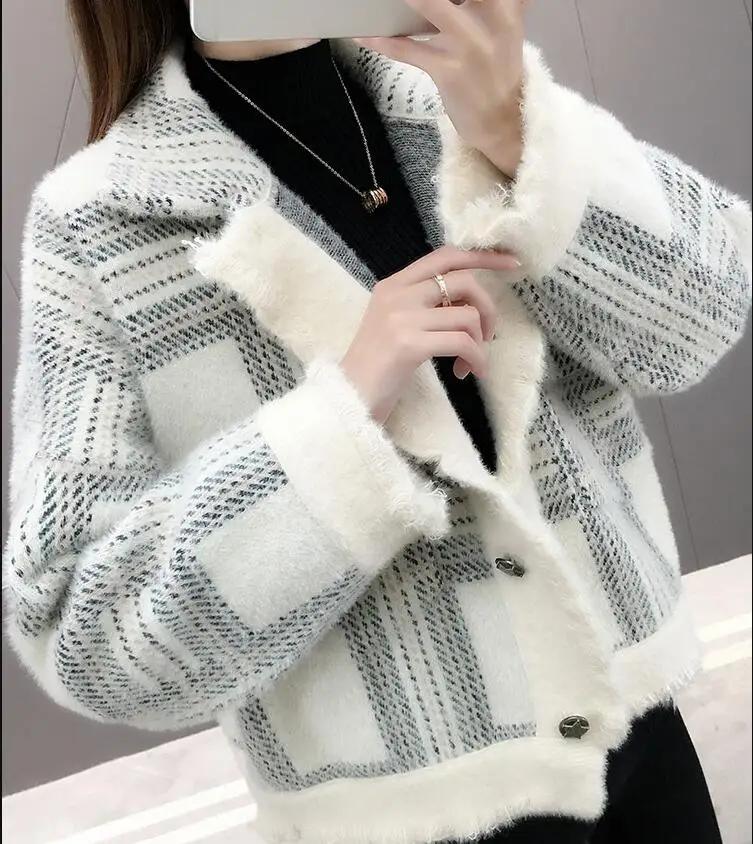 Короткий кардиган Femme Aututmn зимний трикотаж норковый кардиган свитер однобортный Свободный Повседневный плед куртка теплая верхняя одежда