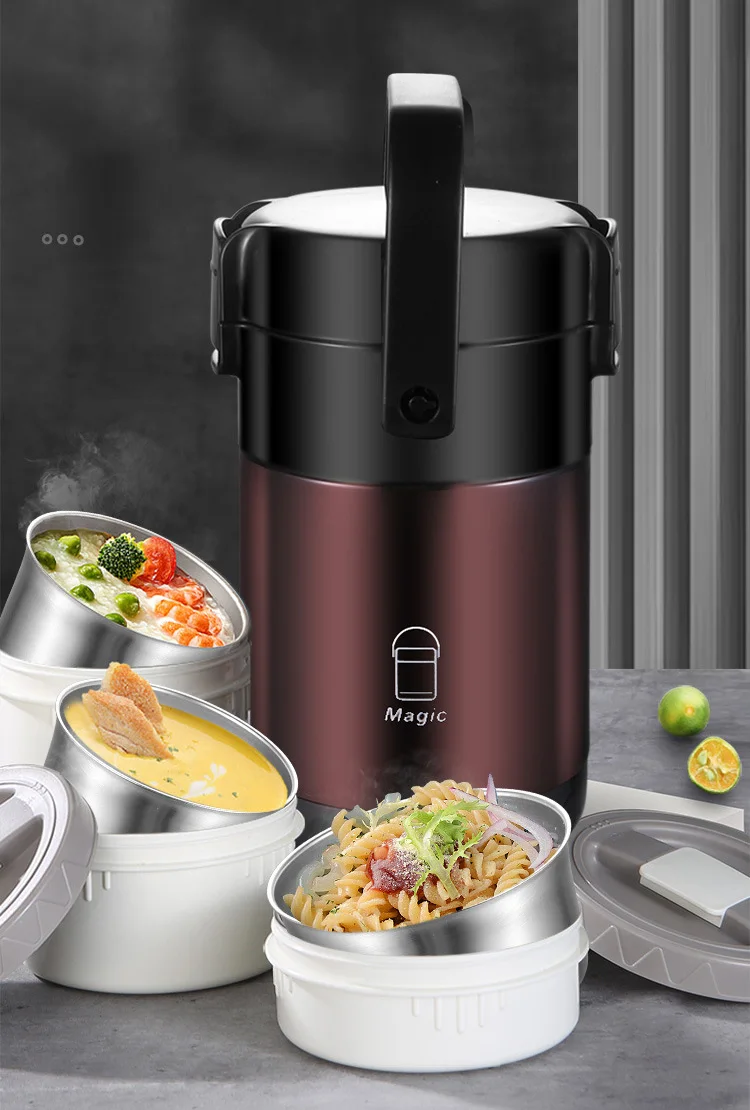 304 Stainless Steel Thermos Lunch Box Round Leak-Proof Multilayer Sealed Insulated Food Storage Container Work School Bento Box 2.6 Liter