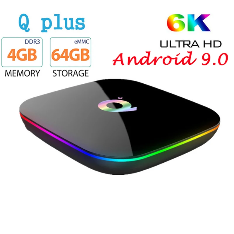 Смарт ТВ-приставка Q Plus с Android 9 0 4 Гб ОЗУ 32 ГБ/64 ПЗУ четырёхъядерный процессор H.265