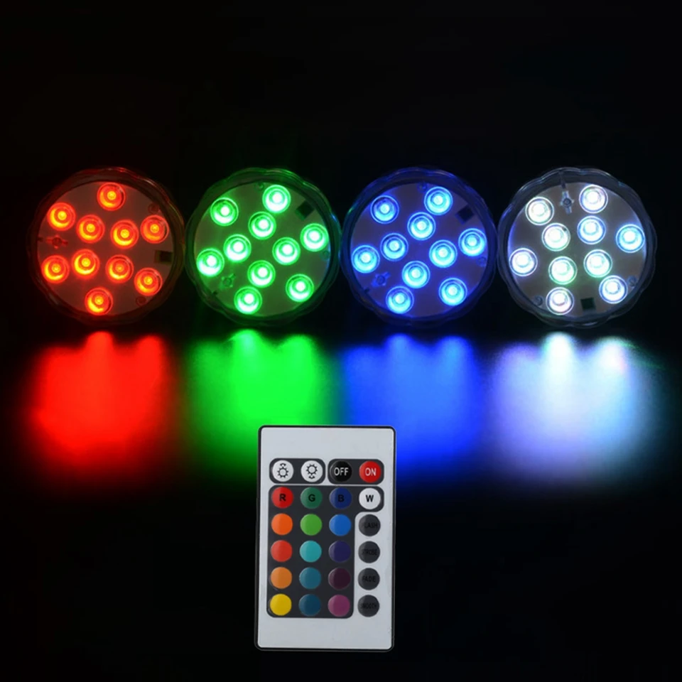 Submersible LED Lights, Underwater Waterproof Battery Operated Remote Control Wireless Multi Color 10 LED RGB Tub Swimming Pool