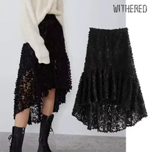 Увядшее Англия элегантное винтажное Каскадное кружево платье миди юбка для женщин неравномерность faldas mujer moda длинные юбки для женщин