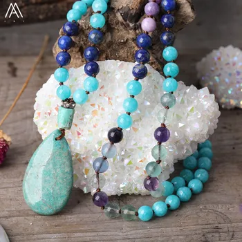 

Natural Rainbow Fluorite Lapis Malaysian Jades Amazon Stone 108 Prayer Beads Knotted Handmade Necklace For Femme Women Jewelry