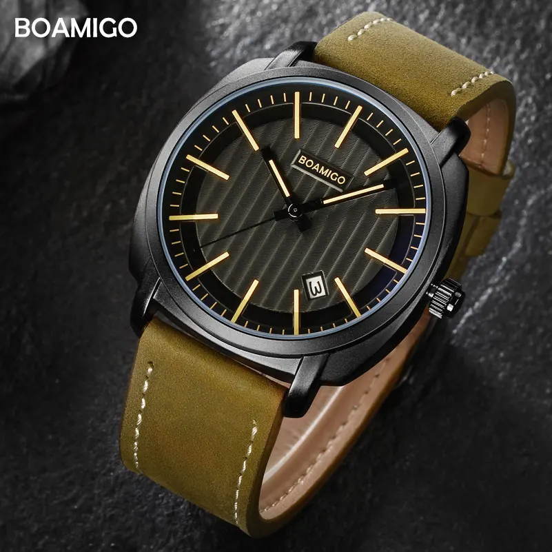 

Мужские часы марки BOAMIGO Спортивные Повседневные кварцевые часы Автоматическая Дата кожаные водонепроницаемые часы Relogio Masculino