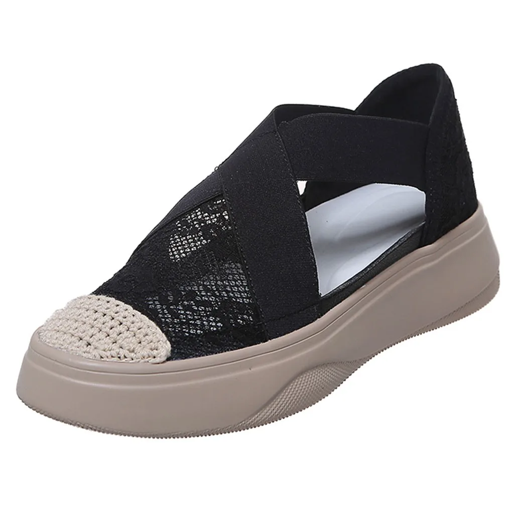 

SAGACE Women's fashion casual lace flat openwork shoes mesh thick sole soft and comfortable stretch cover single shoes 2019