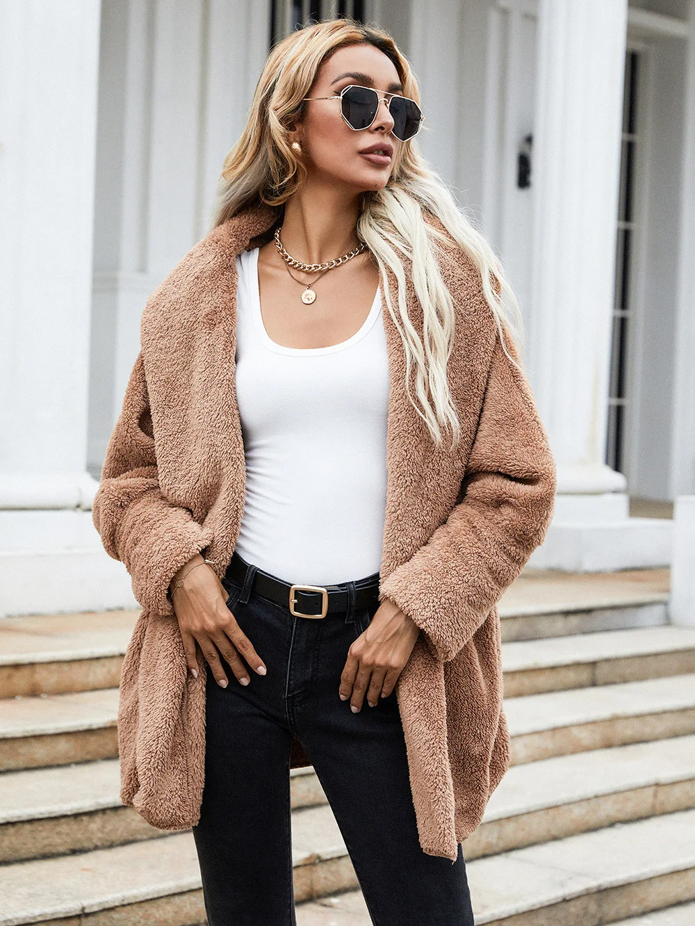 Elegant Faux Fur Coat Women 2021 Autumn Winter Warm Soft Fur Jacket Female Plush Overcoat Pocket Casual Teddy Brown Outwear