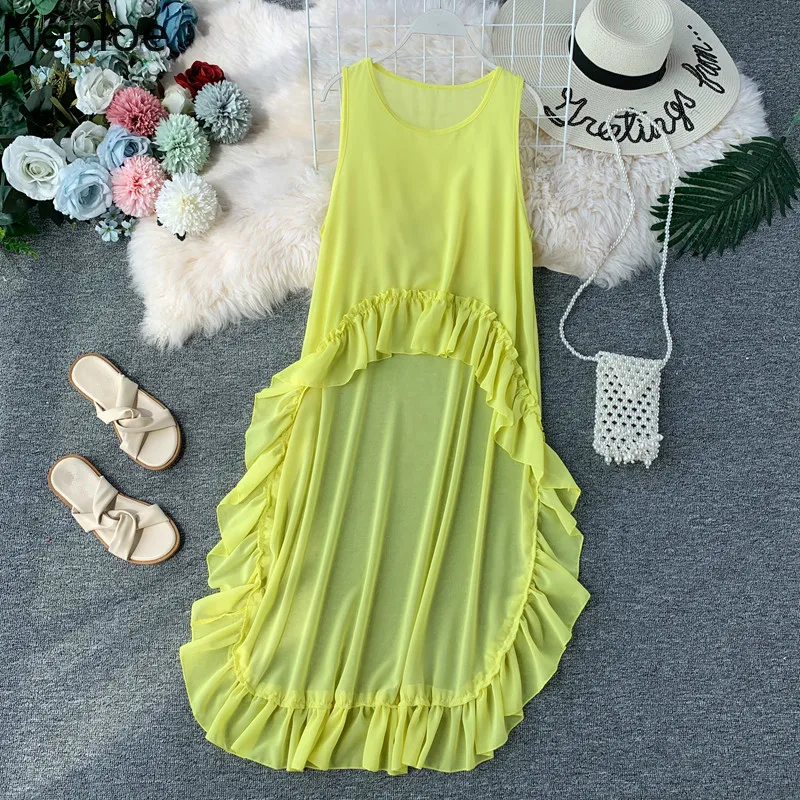 

Neploe Women Blouses Fashion Shirts Summer Clothes Irregular Ruffles Sleeveless Tops Female Blusas Beach Holiday Long Blouse