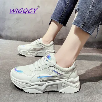 

Breathable Mesh platform sneakers women 2019 Spring Autumn shoes women Fashion Colorful Laser Lace-Up Thick Sole Vulcanize Shoes