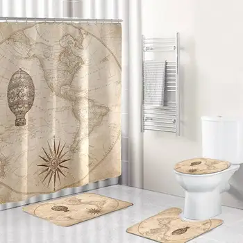 

1-3PCS Bathroom Shower Curtain Set Navigation Guide Toilet Cover Mat Non-Slip Rug Set Waterproof Fabric for Home Hotel