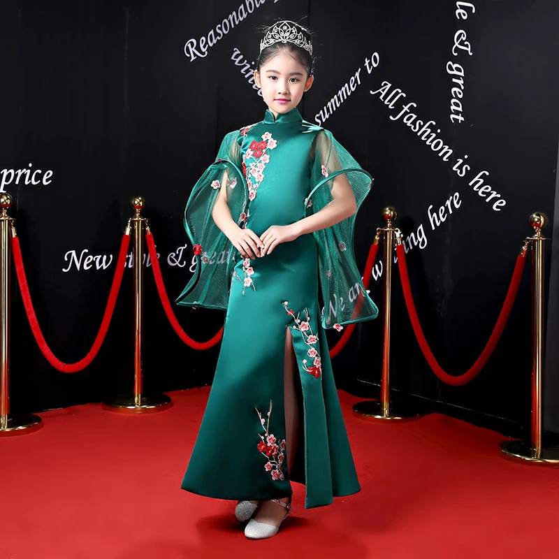 Cheongsam/зеленое вечернее платье русалки для девочек с шалью, Qipao, свадебное платье, подиум для моделей, тонкая одежда для сцены - Цвет: green