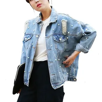 

Spring Vintage Women Pearls Beading Ripped Denim Jacket Single Breasted Long Sleeve Jean Jackets And Coats Female Outwear