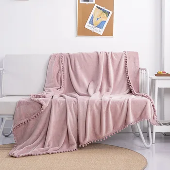 

Flannel Blanket with Pompom Fringe Lightweight Cozy Bed Blanket Soft Throw Blanket fit Couch Sofa Suitable for All Season