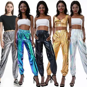 

2020 Women's High Waist Pants High Waist Metallic Shiny Casual Holographic Color Vintage Pants Elastic Waist Hip Hop Trousers