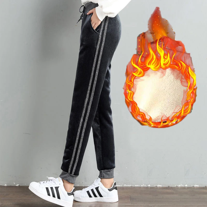 

2021 Gold Striped Women Pants Winter Lambskin Cashmere Pants Warm Female Casual Pants Harem Pants Lined Fleece Autumn Sweatpants