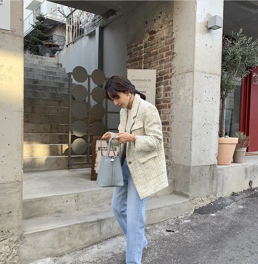 Осень стиль Южная Корея Dongdaemun свободный Универсальный средней длины твидовый маленький костюм