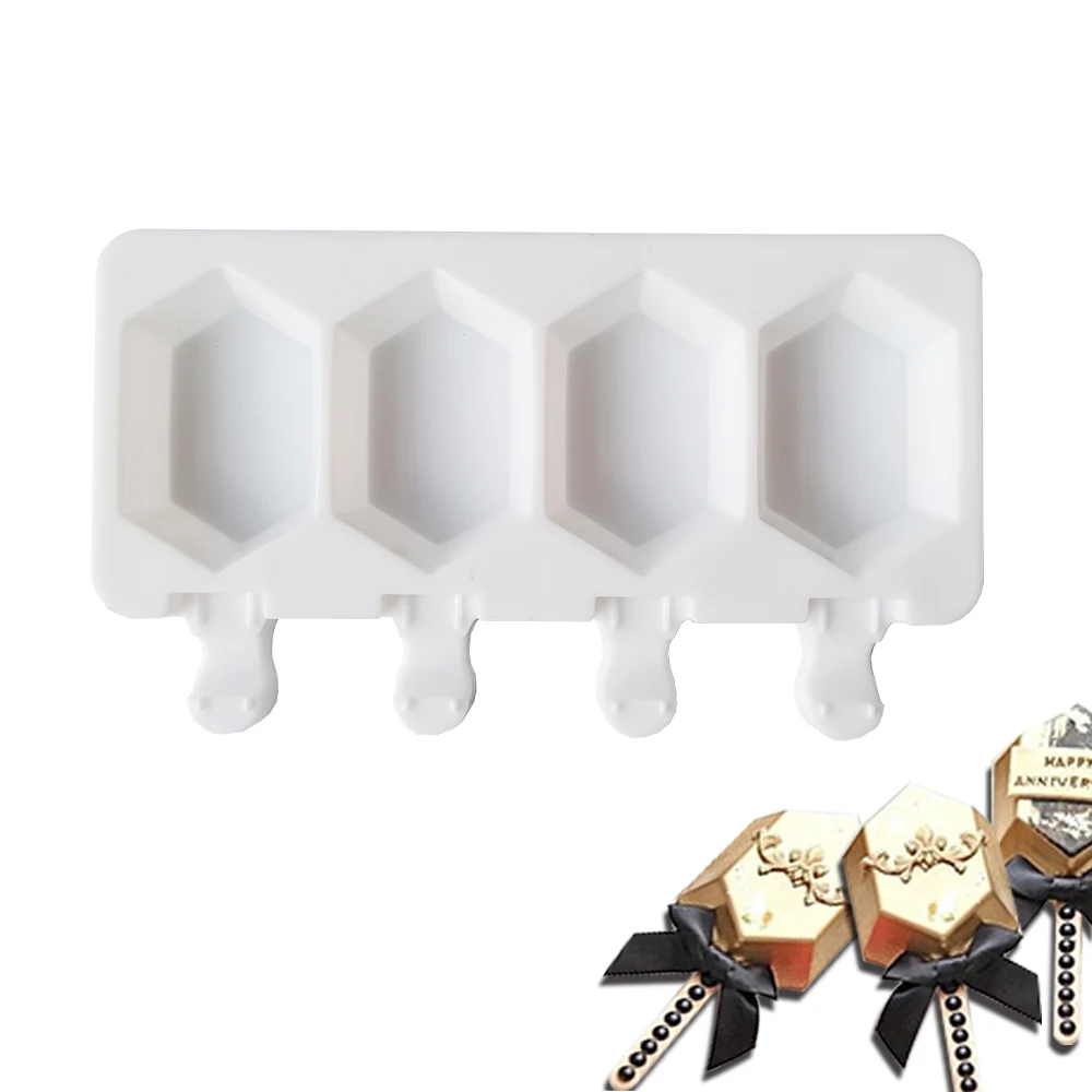 Silicone Ice Cream Mold Maker 4 Holes Popsicle Cube Chocolate Tray Molds Gem Mould Valentine's Day Gift Diamond Baking tools | Дом и сад