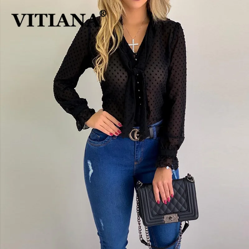 VITIANA Женская Повседневная Блузка с длинным рукавом белая v образным вырезом на