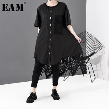 

[EAM] Women Black Lace Split Joint Big Size Dress New Round Neck Short Sleeve Loose Fit Fashion Tide Spring Summer 2020 JR764