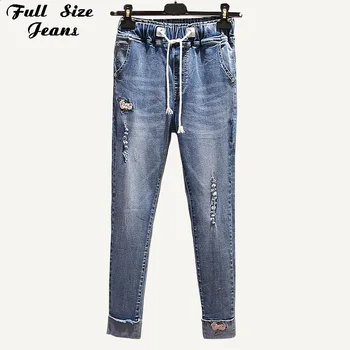 

Plus Size Elastic Waist Hemming Floral Embroidery Denim Capris Pencil Jeans Mom 4Xl Light Blue Girl'S Casual Ankle Length Pants
