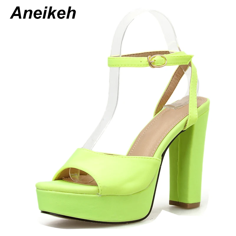 

Aneikeh Fashion Summer Fluorescence color Platforms Gladiator Sandals Woman Peep Toe High Heels Ankle Strap Pumps Party Shoes 42