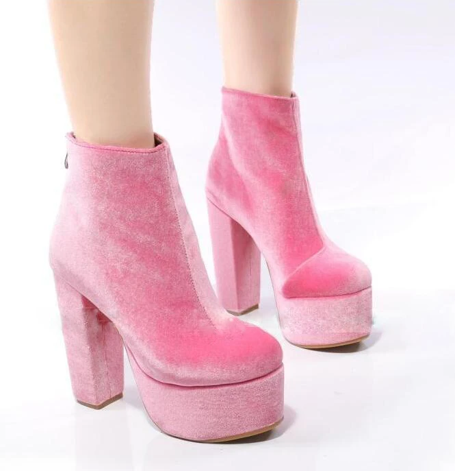 Botines de terciopelo con plataforma alta para mujer, botines con tacón alto grueso de 13cm, punta redonda, color verde, tinta rosa|Botas hasta el tobillo| -