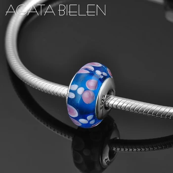 

New 925 Sterling Silver Pink petals pattern deep blue fine Murano Glass Beads Fit Original Pandora Charm Bracelet Jewelry making