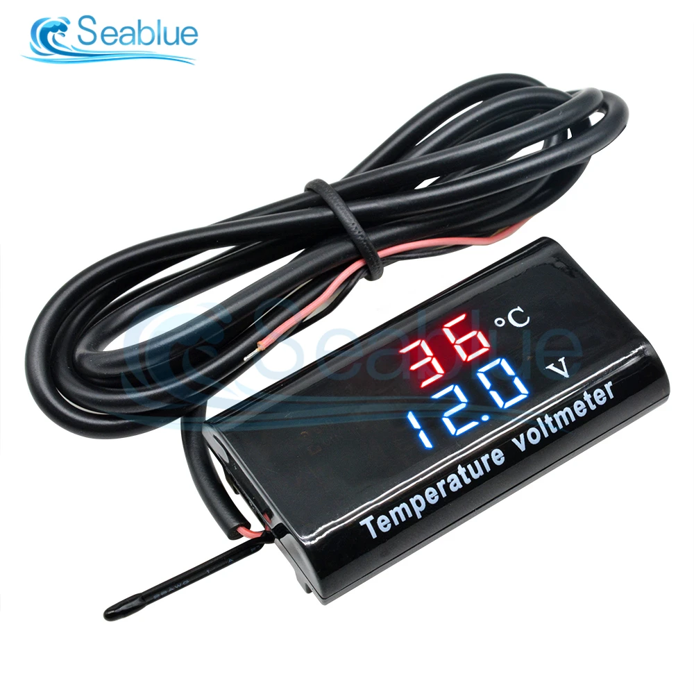 DC 12V 0.28 인치 듀얼 디스플레이 LED 디지털 온도 센서 전압계 온도계 전압계 테스터 자동차 오토바이