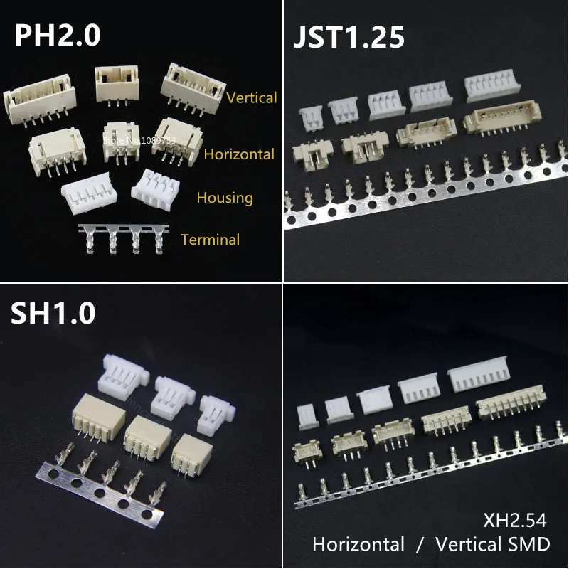 Kit 10 Set Connettori SH1.0, 1.25, ZH1.5, PH2.0, XH2.54 – Spine Femmina+maschio 2-10 Pin, Cavi 10/20/30 Cm, Per Elettronica Fai-da-te