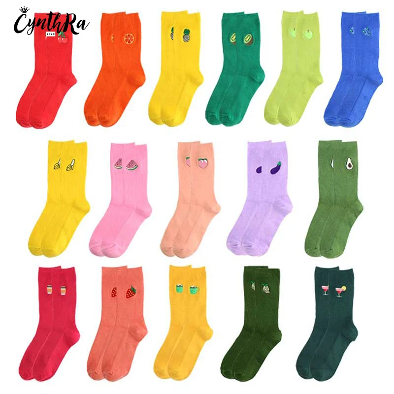 CYNTHRA 4pairs Woman Cute Socks Japanese  Embroidery Fruit Cotton Korean Style Long Tube Retro Female Socks Student Kawaii Hot