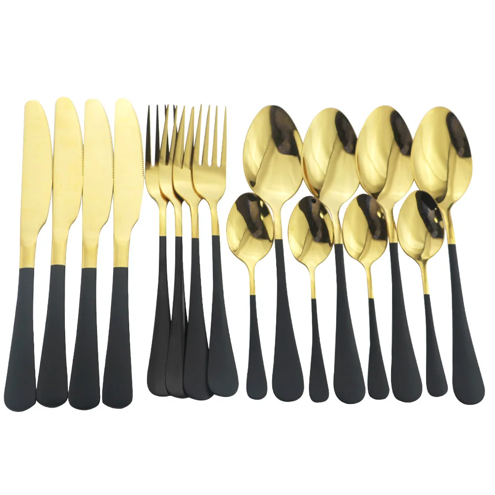 

4set 16Pcs Black Gold Tableware Stainless Steel Dinnerware Fork Spoon Knife Dinner Set Kitchen Cutlery Set Bright Silverware