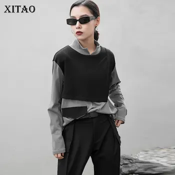 

XITAO Patchwork T Shirt Women Loose Fashion Simple Casual All Match Stand Collar 2020 New Autumn Full Sleeve Tee Goddess ZP3416