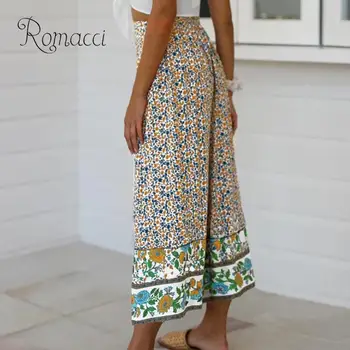 

Fashion Women Wide Legs Pants Floral Print Elastic Waist Vintage Holiday Bohemia Loose Crop Straight Pants Casual Trousers New