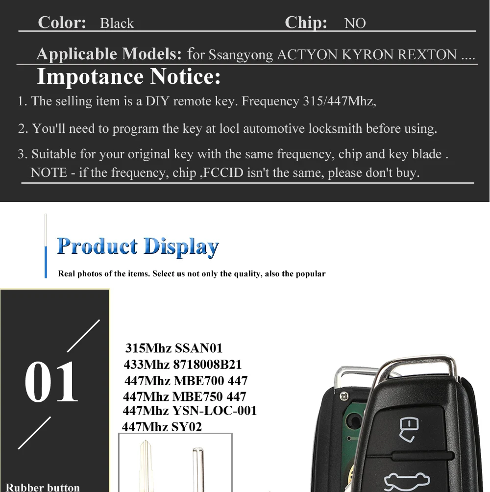 Keyforkess 315 Mhz/447 Mhz Chiave a Distanza per Ssangyong Rexton RX7 Actyon Kyron Uncut Lama Key Fob Sostituzione - H50a6f422a4e34fc2add011521e712b91P