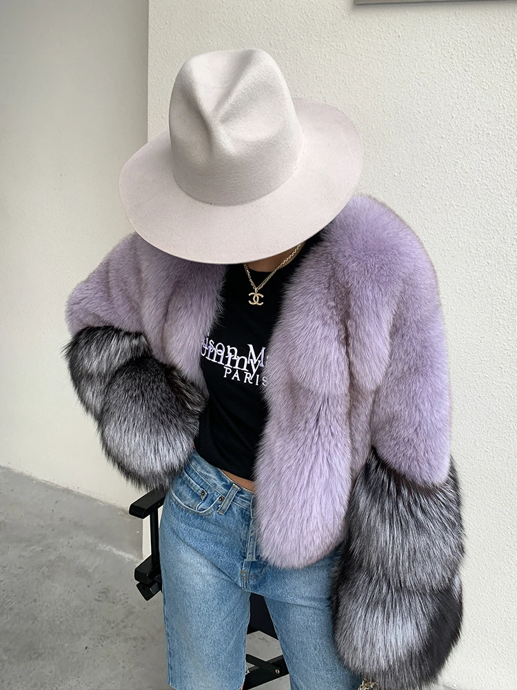 Natural Fox Fur Jacket Winter Women 2022 New Light Purple Genuine Fox Fur Coats V-Neck with Silver Fox Fur Sleeve Cuffs Outwear