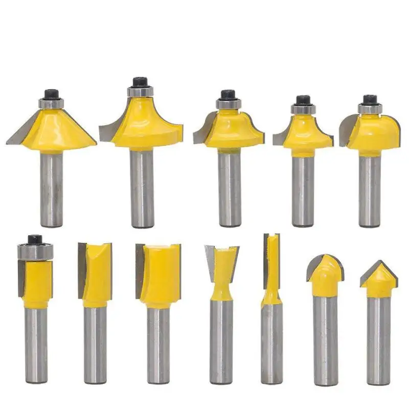 

12Pcs Set Yellow Woodworking Milling Cutter Woodworking Engraving Electrome Chanical Wood Milling Trimming Machine Cutter Tools