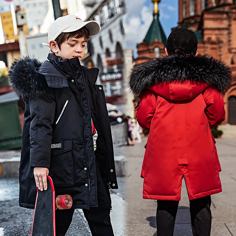 Зимняя куртка для мальчиков-30 градусов пуховик на утином пуху пальто овечьей шерсти, утепленные, легкие, с капюшоном, замок-молния, украшены рисунками куртки на меху для детей 4-14 лет и подростков в возрасте от Зимний комбинезон; верхняя одежда
