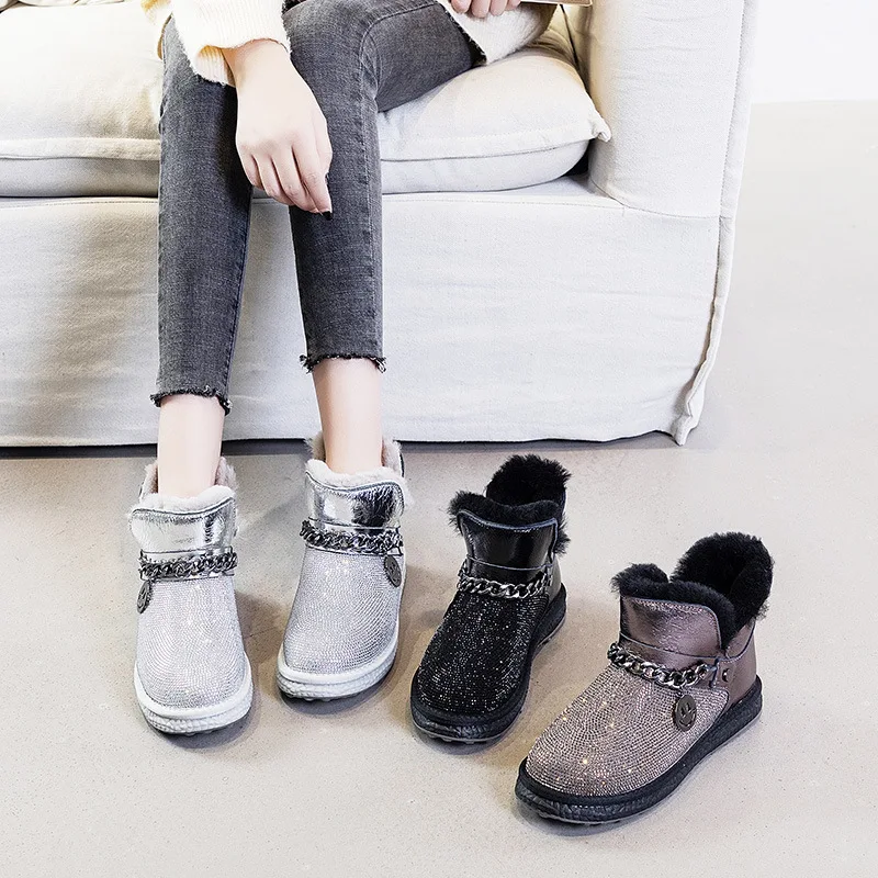 Snow Boots Women's Fur One 2020 New Fashion Rhinestone Winter Plus Velvet Thick Bottom Non Slip Waterproof Bread Cotton Shoes