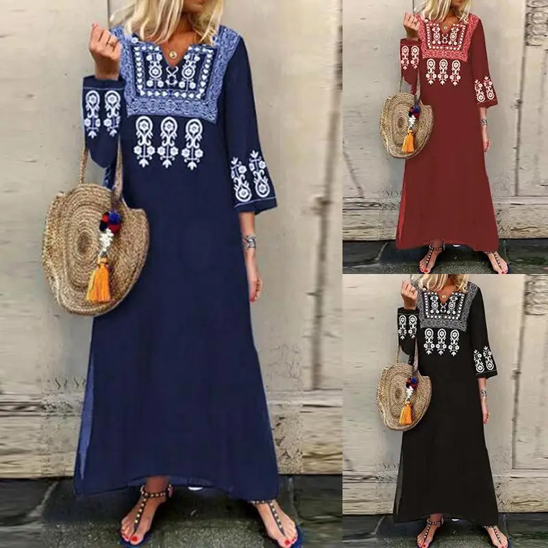 ZANZEA Осень Лето Длинное Платье женское винтажное макси Vestidos богемное цветочное с разрезом плюс размер туника 3/4 рукав v-образный вырез