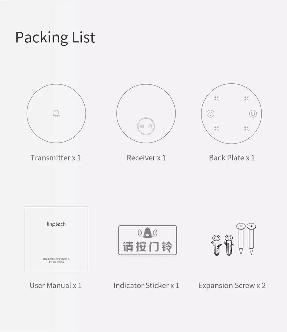 Xiaomi Mijia Linptech WIFI Self-power-generating Wireless Doorbell Work with Mijia APP Smart Control Memory Function AC 110-240V (23)
