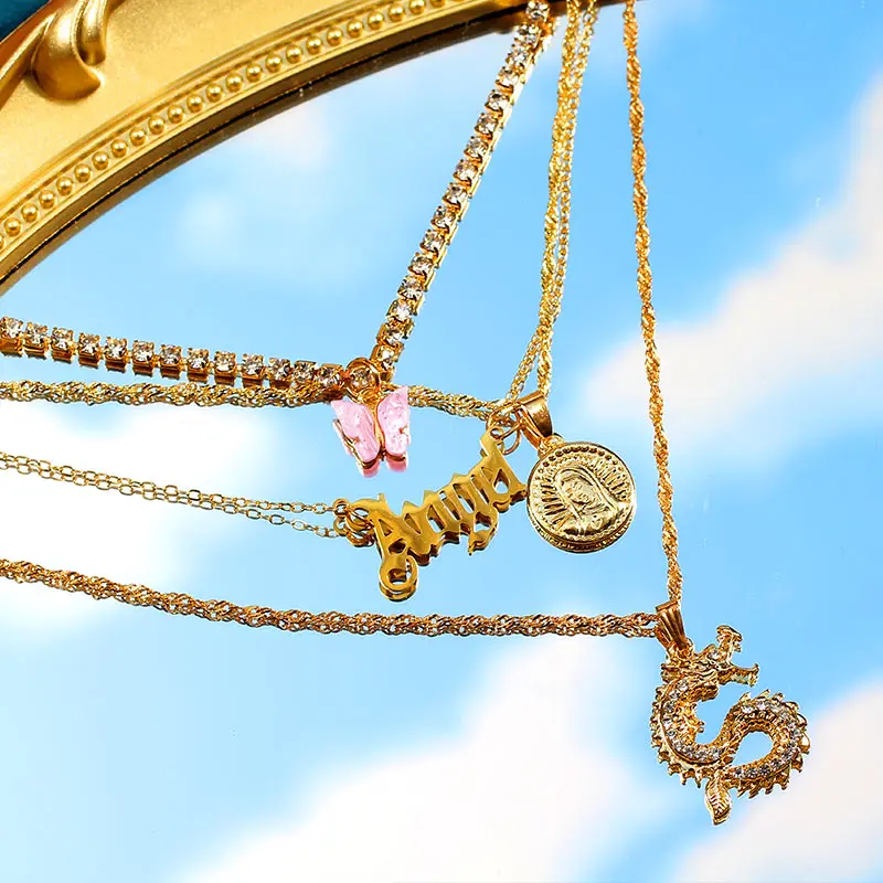 Multilayer Crystal Dragon Butterfly Necklace Women Gold Color Coin 4 H50a784803fc849a4af3af0aede018b921