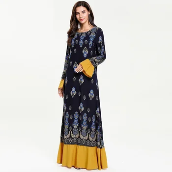 

Middle Eastern Muslim fashion round neck long-sleeved printed stitching ruffled long skirt Arab Dubai prayer mosque long dress