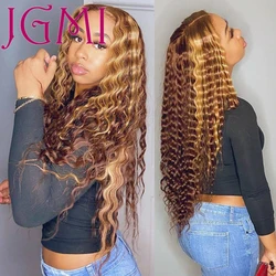 JGMI Honey Blonde Ombre 4/27 T Part Highlight Lace Frontal Wig Curly Brazilian Transparent Deep Wave Lace Front Wigs For Women