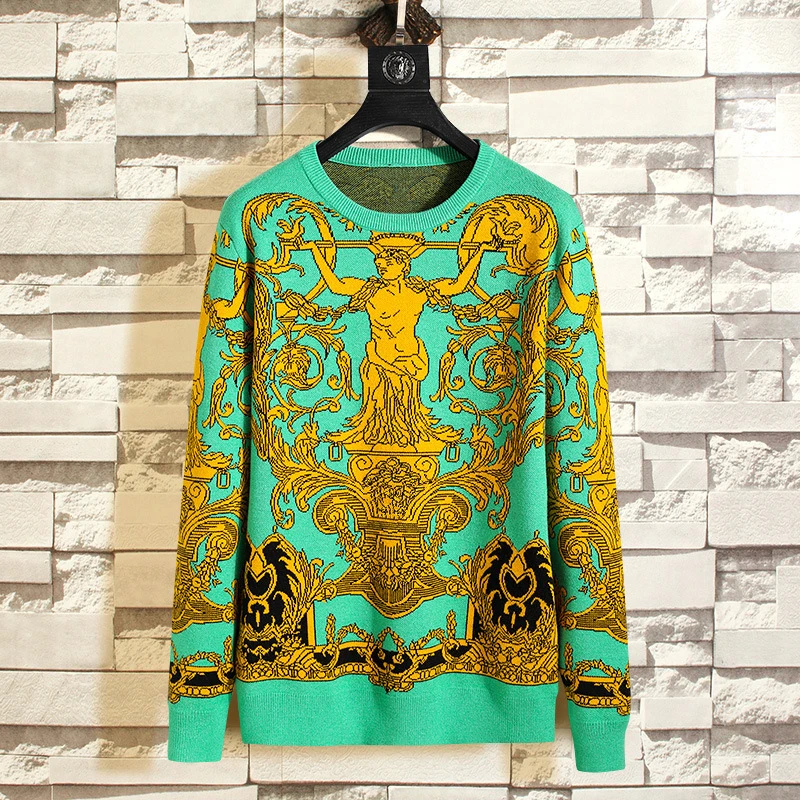 men's round neck sweaters Gold Printed Luxury Designer Sweater Mens Baroque Royal Jumper For Mens Retro Thick Winter Tops Pullover Streetwear knit sweater commando sweater