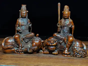 

weddin Chinese Boxwood Seikos Wood Carving Manjushri Bodhisattva Guanyin Bodhisattva Statue A pair of woodcarving Buddha statues